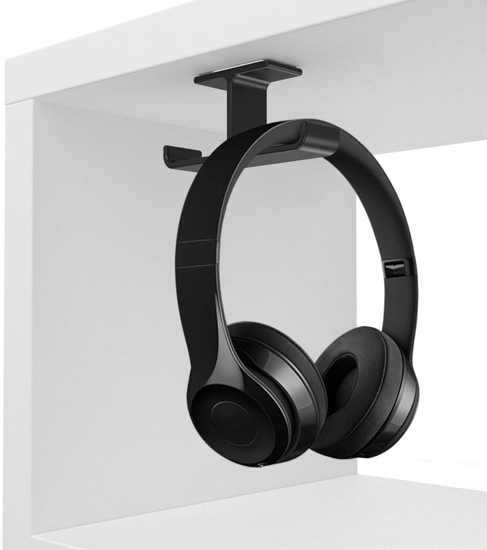 Aluminum Dual Headphone Hanger Stand for Under Desk Mounting, Adhesive and Screw Options, Space-Saving Accessory for All Headphones, Black