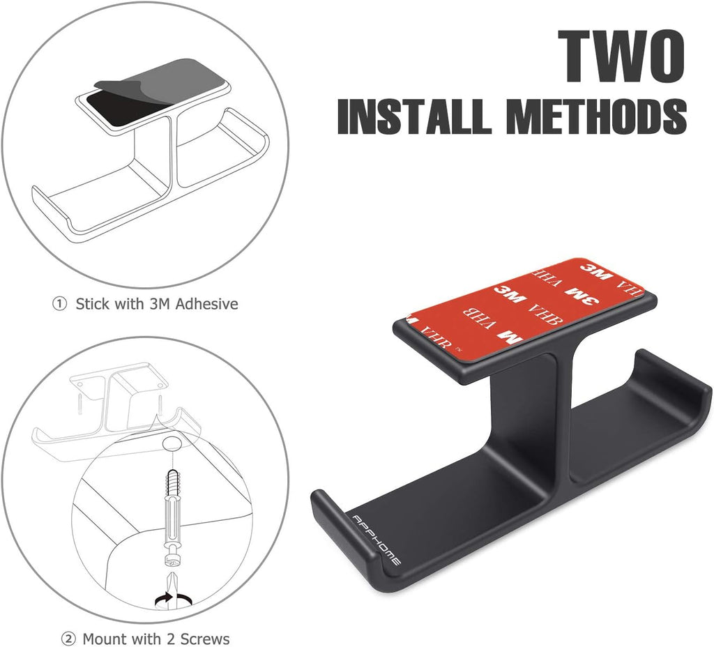 Aluminum Dual Headphone Hanger Stand for Under Desk Mounting, Adhesive and Screw Options, Space-Saving Accessory for All Headphones, Black