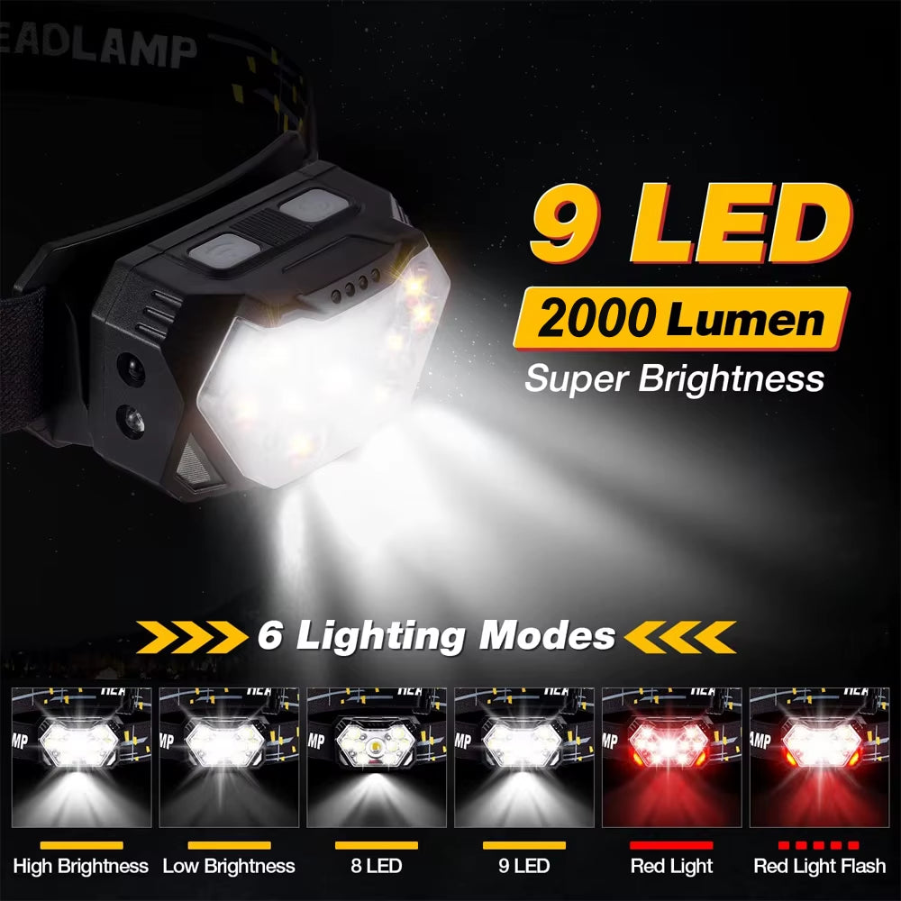 Rechargeable 9-LED Motion Sensor Headlamp - Portable Outdoor Headlight for Fishing, Camping, and Work