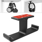 Aluminum Dual Headphone Hanger Stand for Under Desk Mounting, Adhesive and Screw Options, Space-Saving Accessory for All Headphones, Black