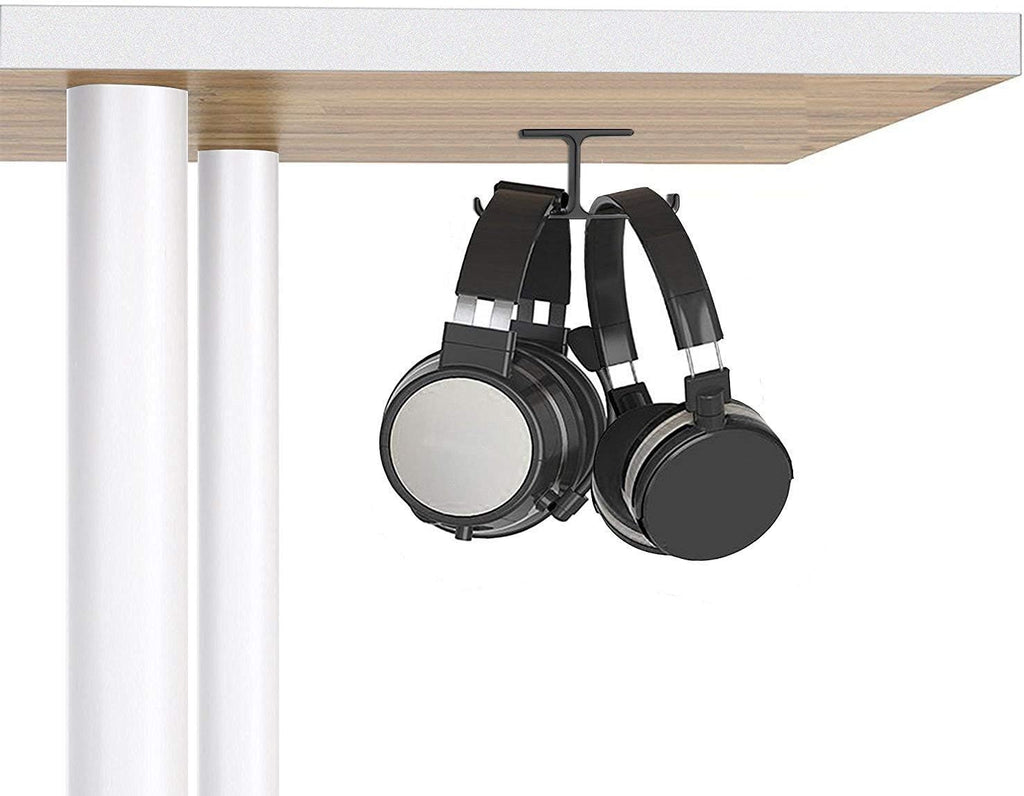 Aluminum Dual Headphone Hanger Stand for Under Desk Mounting, Adhesive and Screw Options, Space-Saving Accessory for All Headphones, Black
