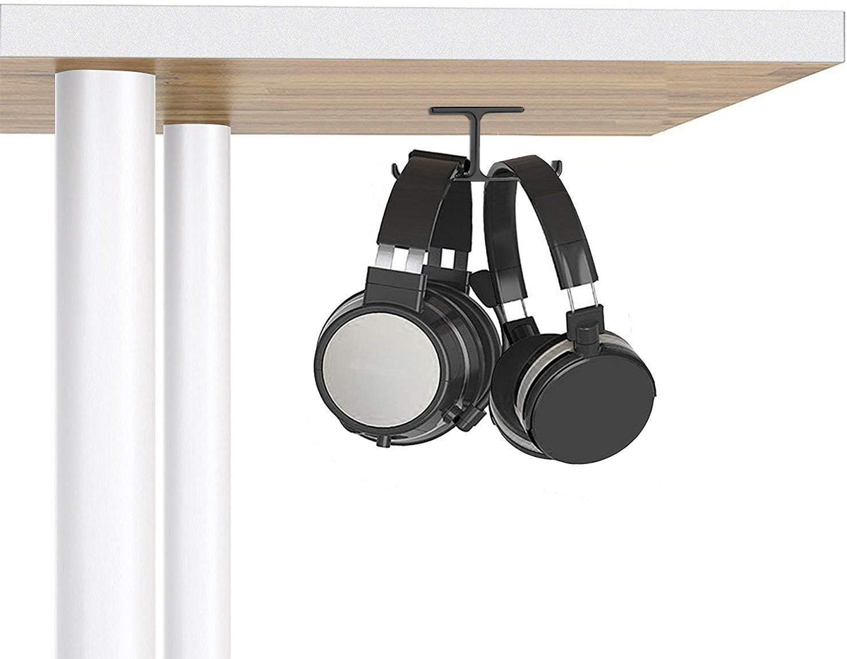 Aluminum Dual Headphone Hanger Stand for Under Desk Mounting, Adhesive and Screw Options, Space-Saving Accessory for All Headphones, Black