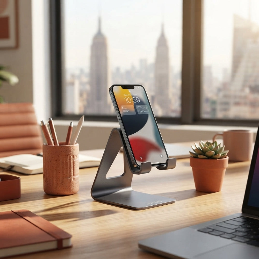 A dark gray aluminum phone stand holding a smartphone on a desk with terracotta and burnt sienna office accessories.