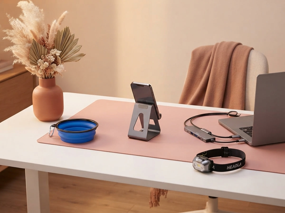 An organized desk workspace featuring a phone stand, USB-C hub, pink leather desk mat, headlamp, and collapsible pet bowl.